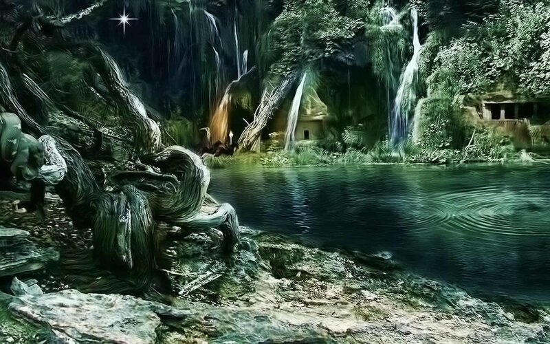 mystical forest waterfall