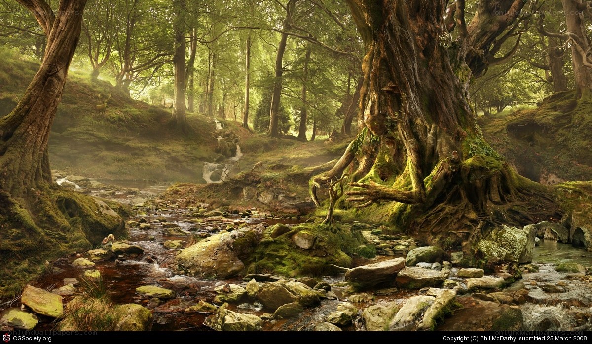Mystical forest with ancient tree