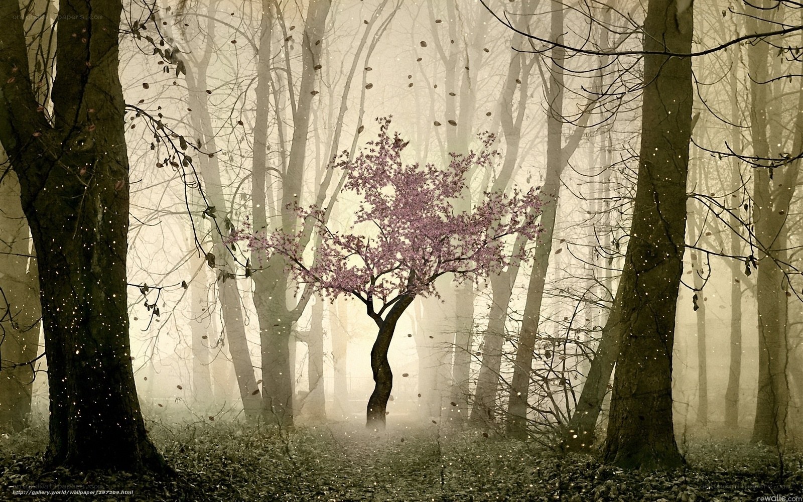 Mystical forest with blooming tree