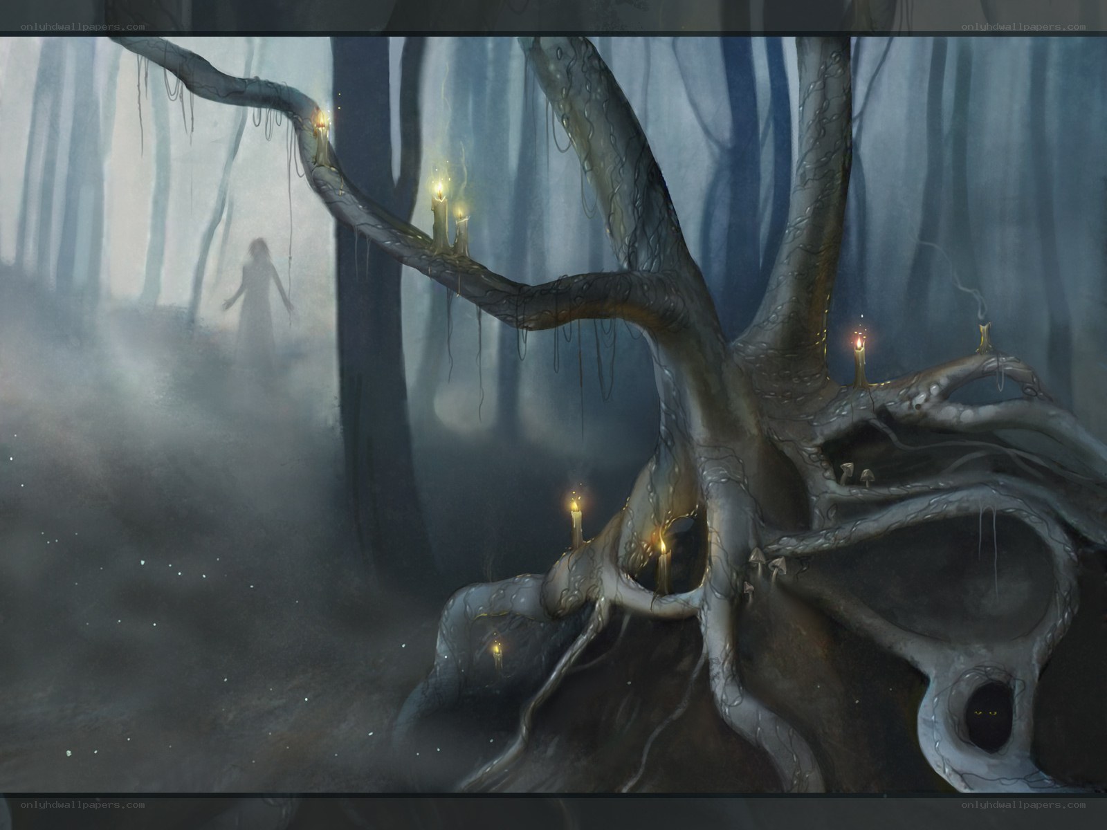 Mystical forest with candles