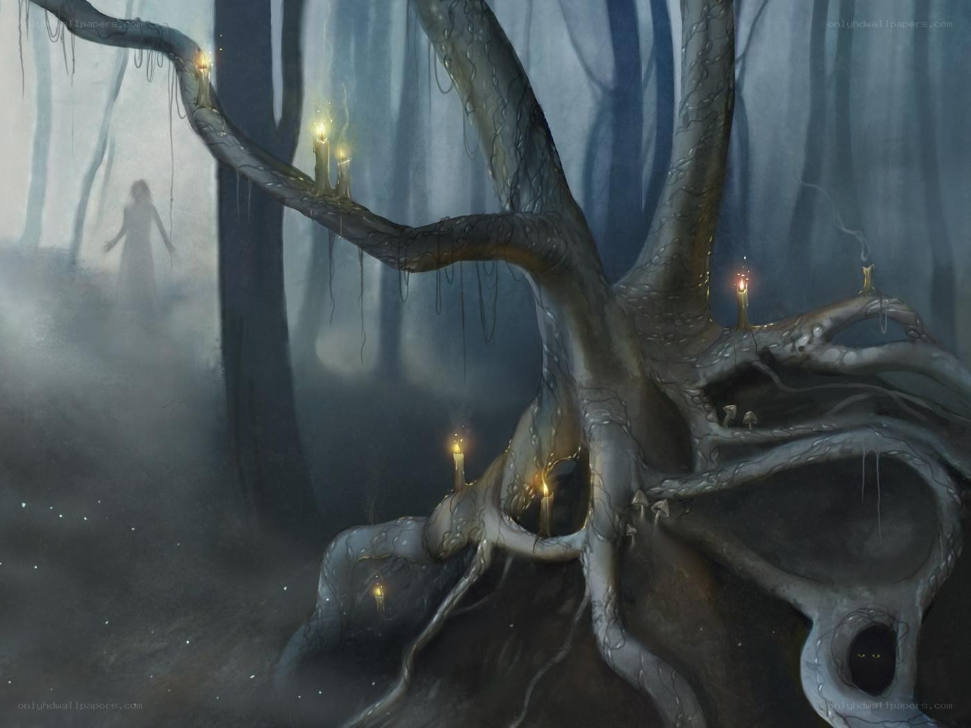 Mystical forest with candles