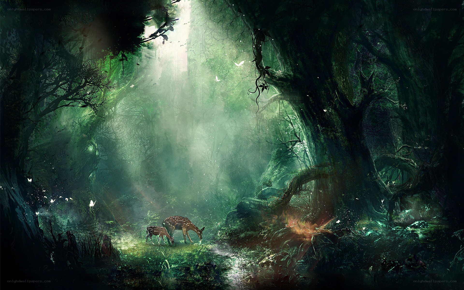 Mystical forest with deer