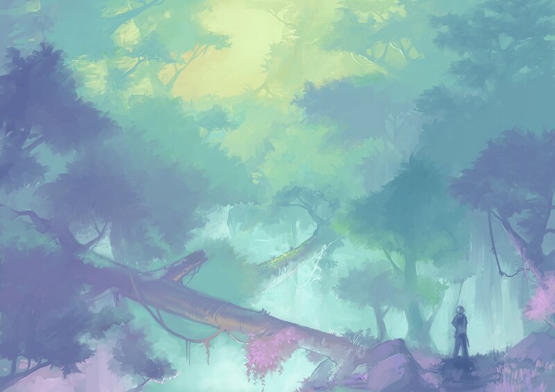 Mystical forest with fallen tree