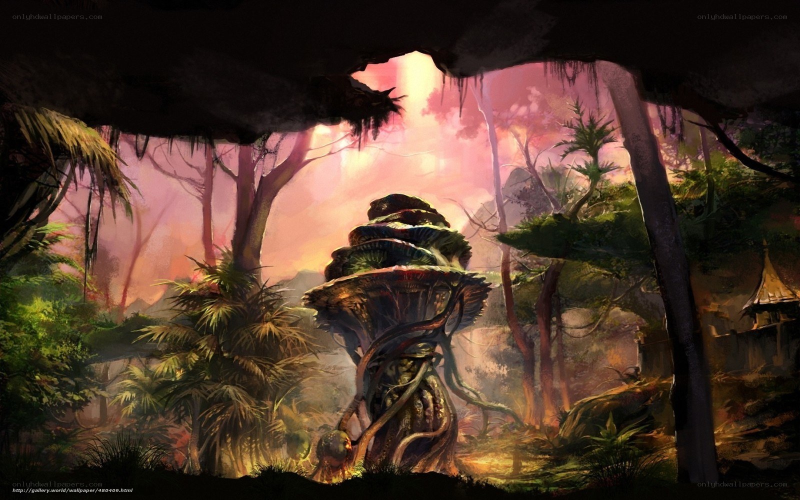 Mystical forest with giant mushroom