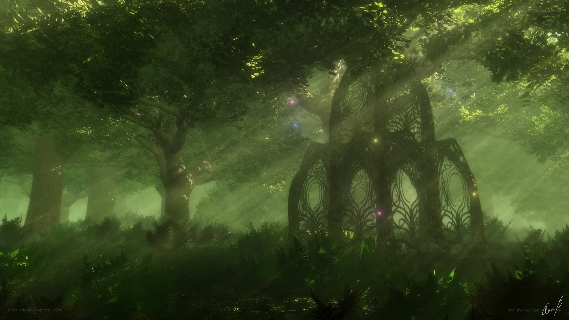 Mystical forest with glowing arches