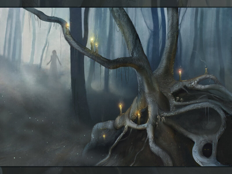 Mystical forest with glowing candles