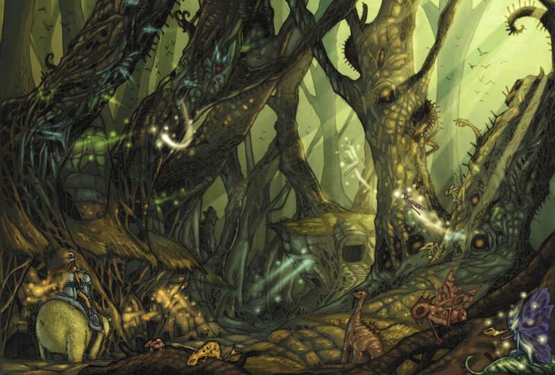 mystical forest with glowing creatures