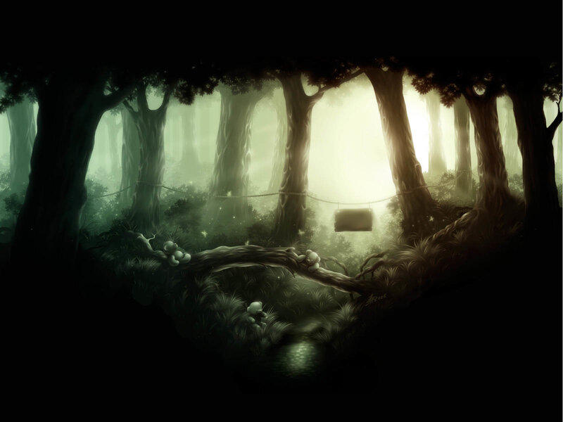 Mystical forest with glowing creatures