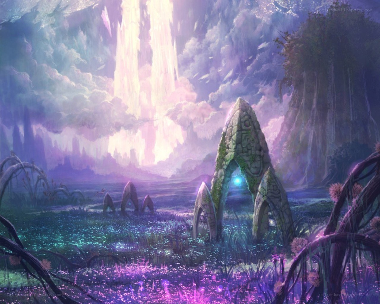 mystical forest with glowing stones