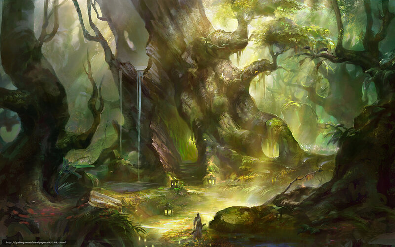 Mystical forest with glowing stream