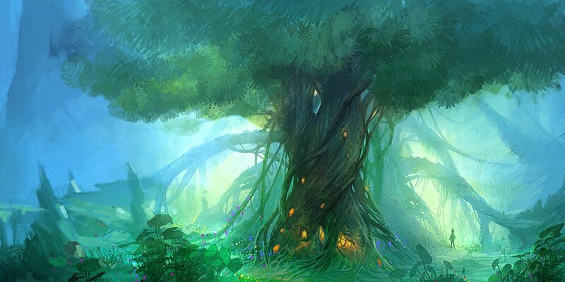 Mystical forest with glowing tree
