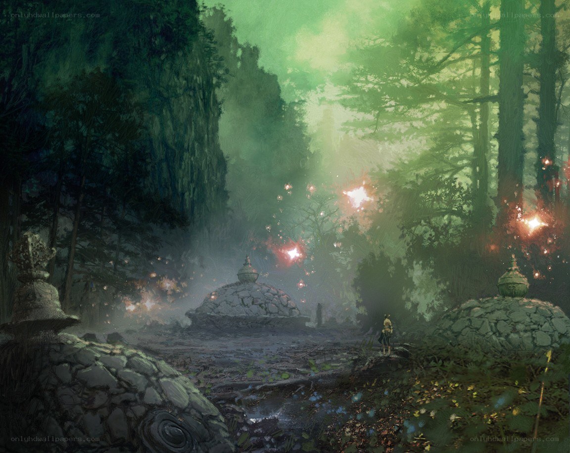 mystical forest with stone structures