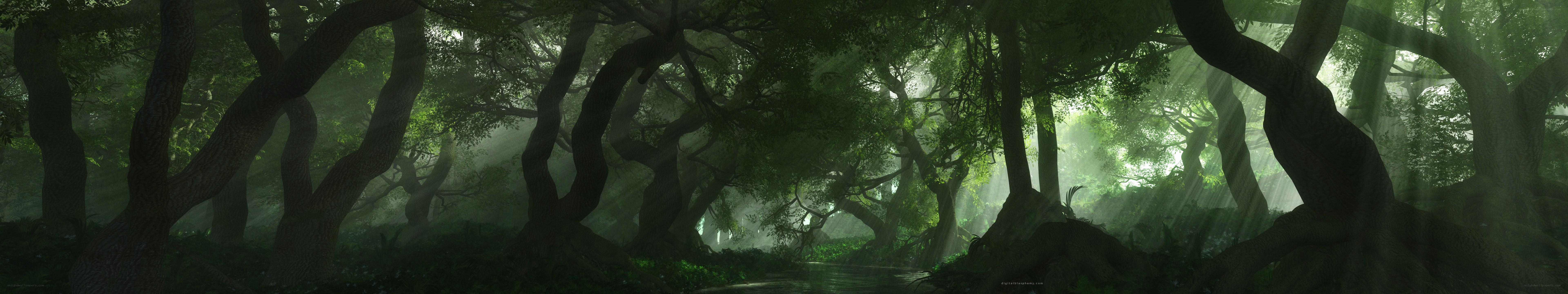 Mystical forest with sunbeams