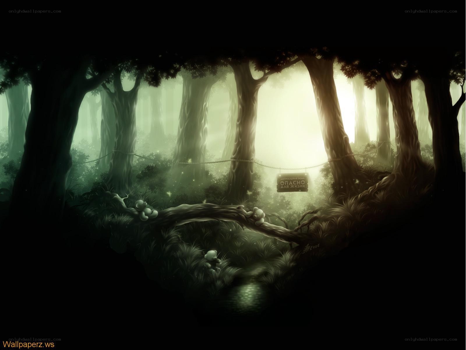 Mystical forest with warning sign