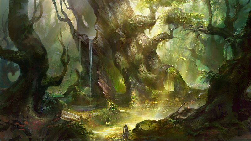mystical forest with waterfall
