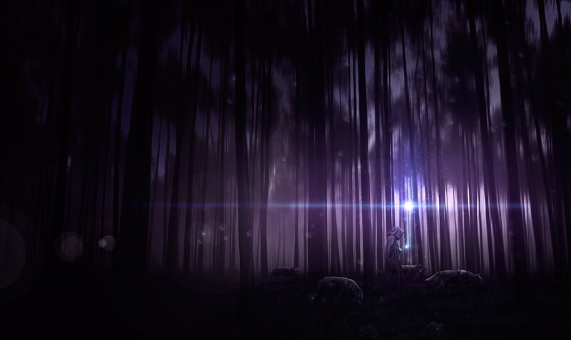 mystical forest with wolves