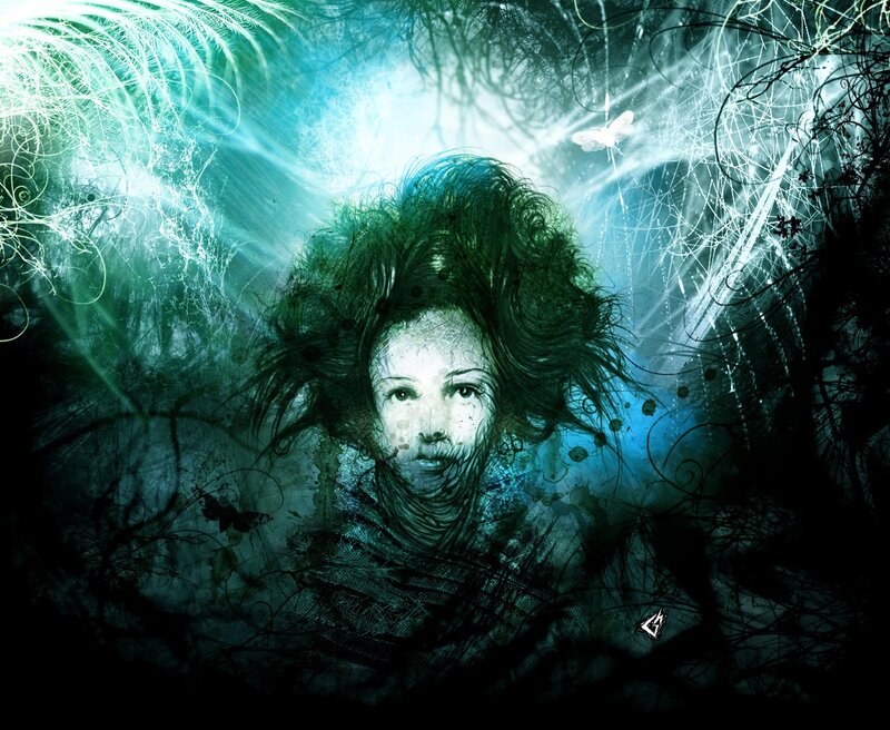 mystical girl in glowing forest
