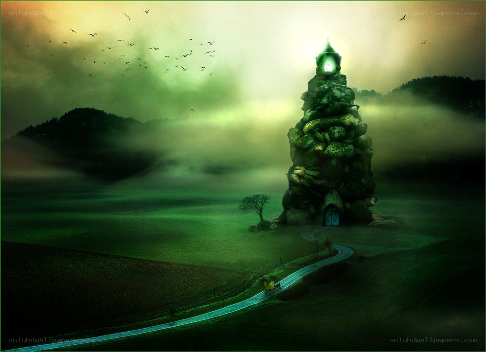 Mystical green tower in fog