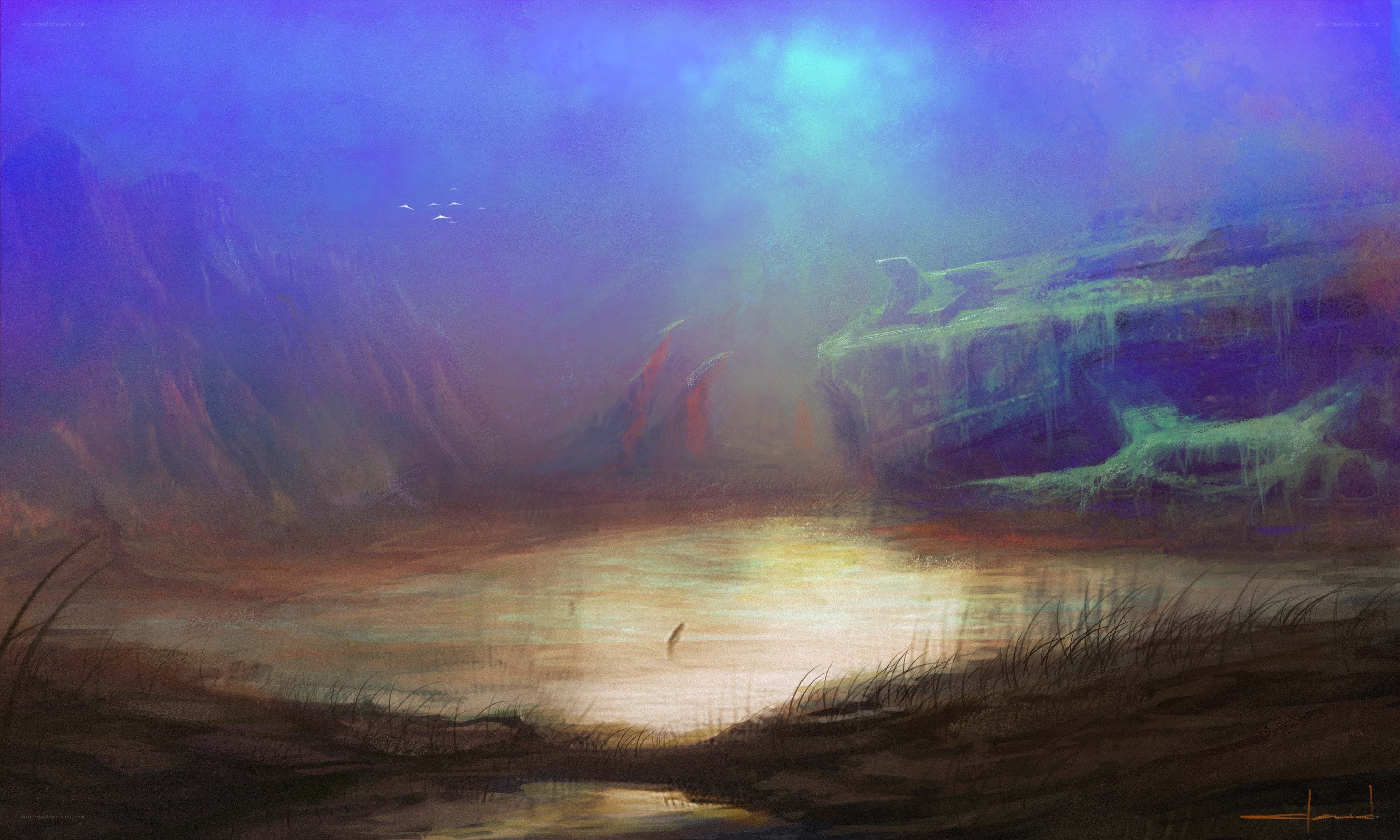 mystical lake at dusk
