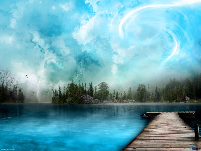 Mystical lake with wooden dock