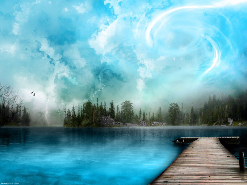 Mystical lake with wooden dock