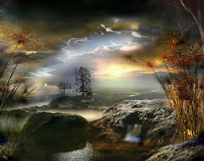 Mystical landscape at dawn