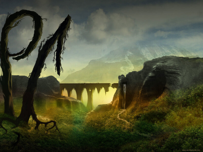 Mystical landscape with ancient bridge