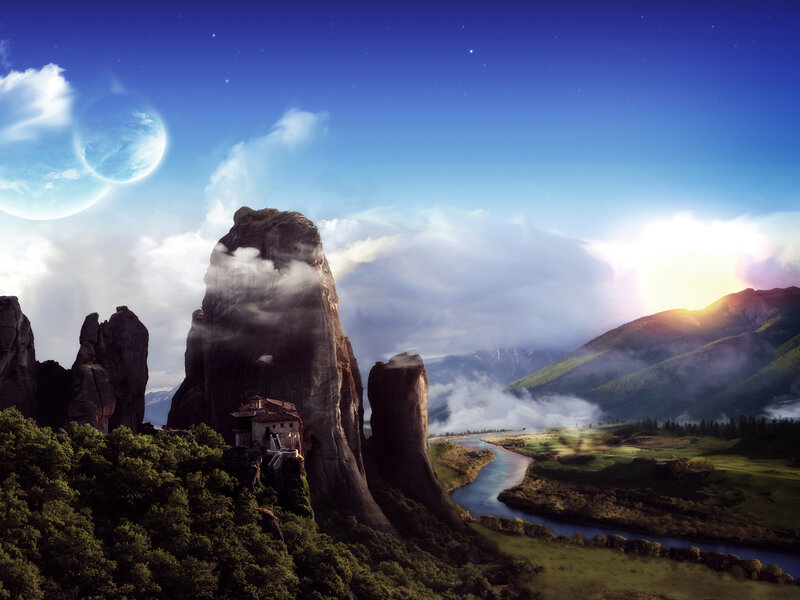 Mystical landscape with floating rocks
