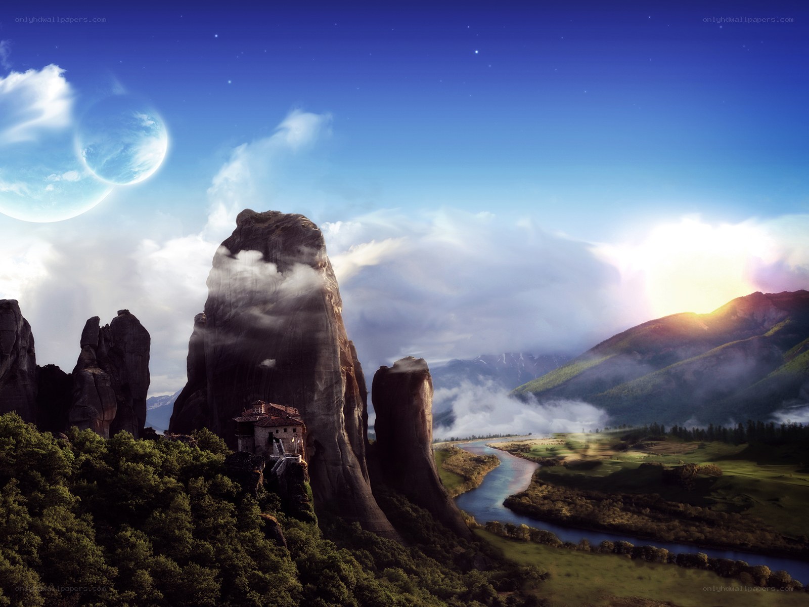 Mystical landscape with floating rocks