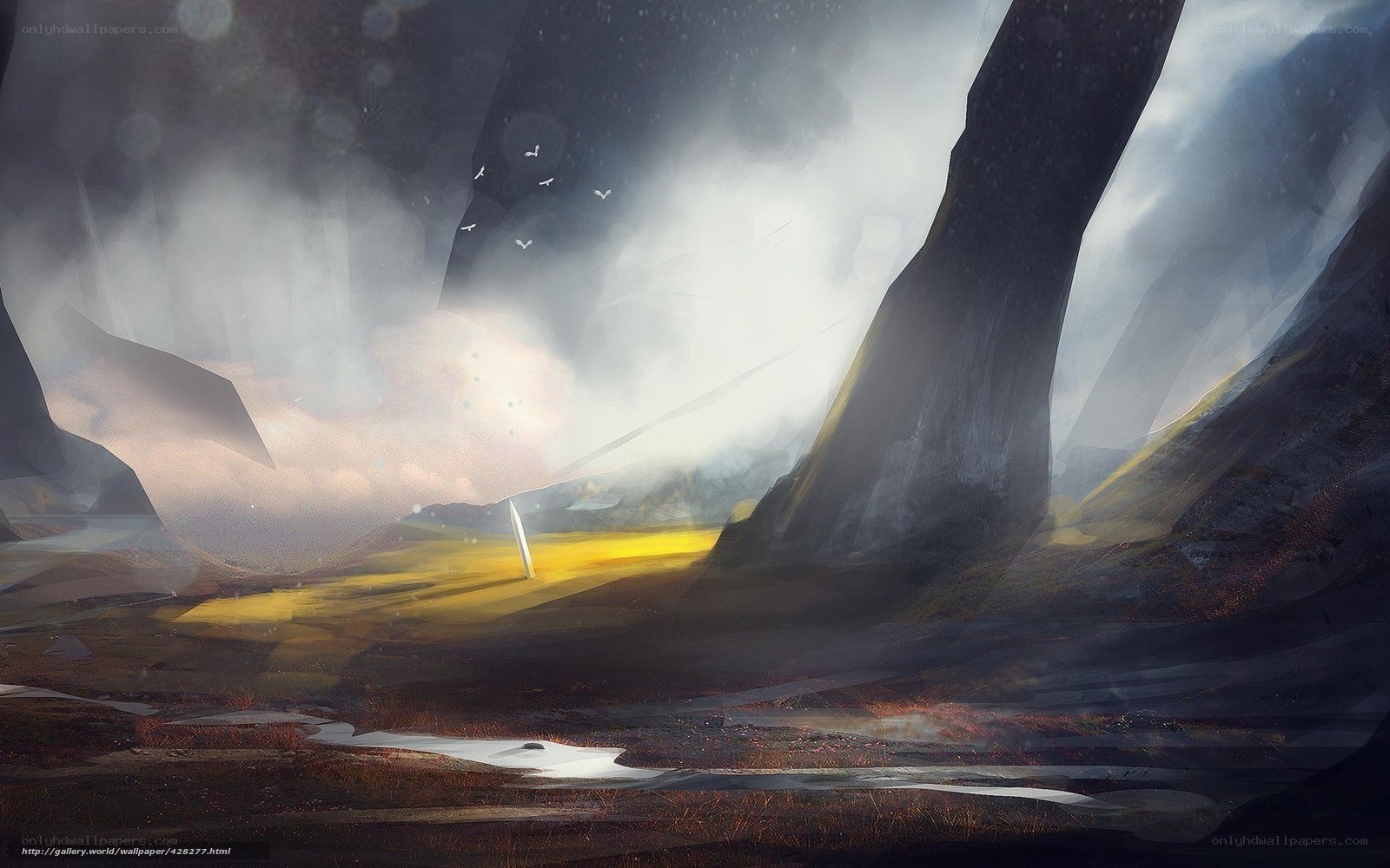 Mystical landscape with glowing blade
