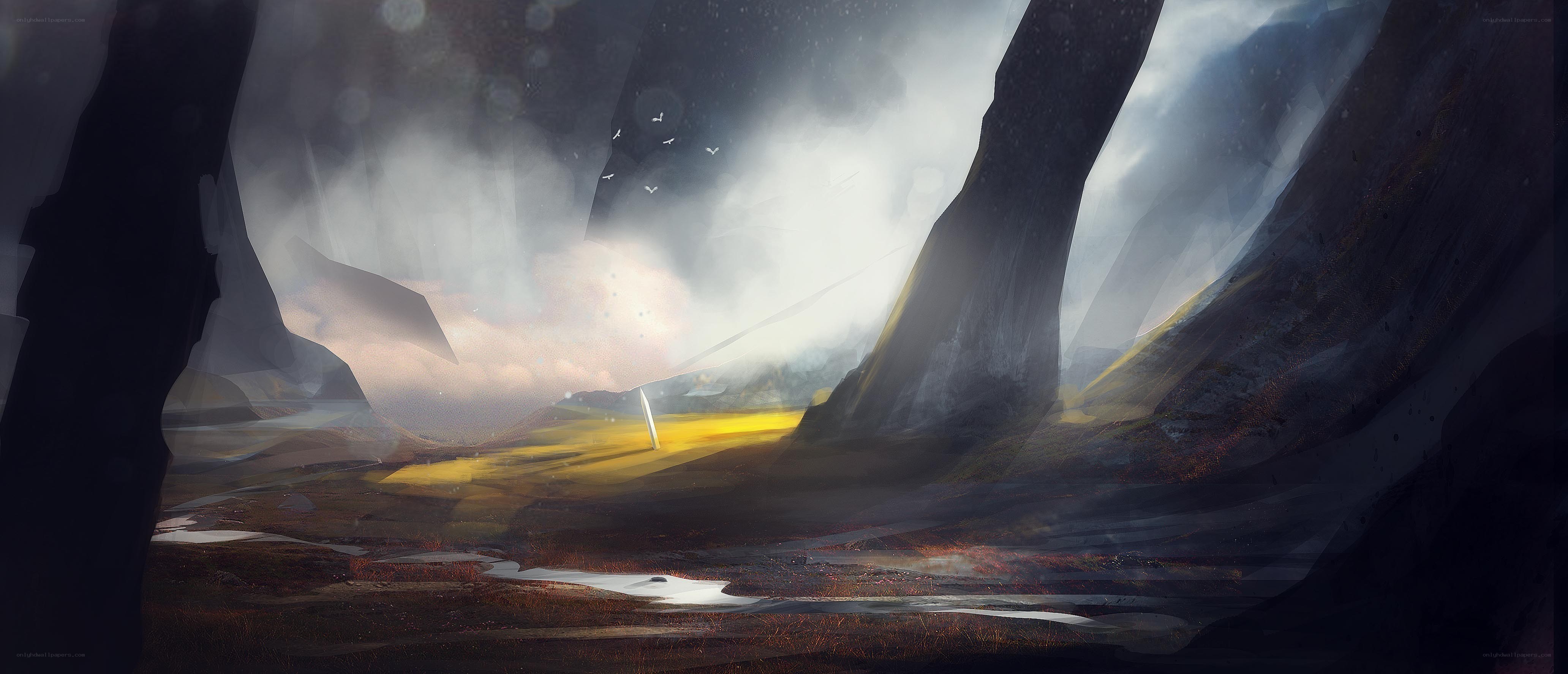 Mystical landscape with glowing path