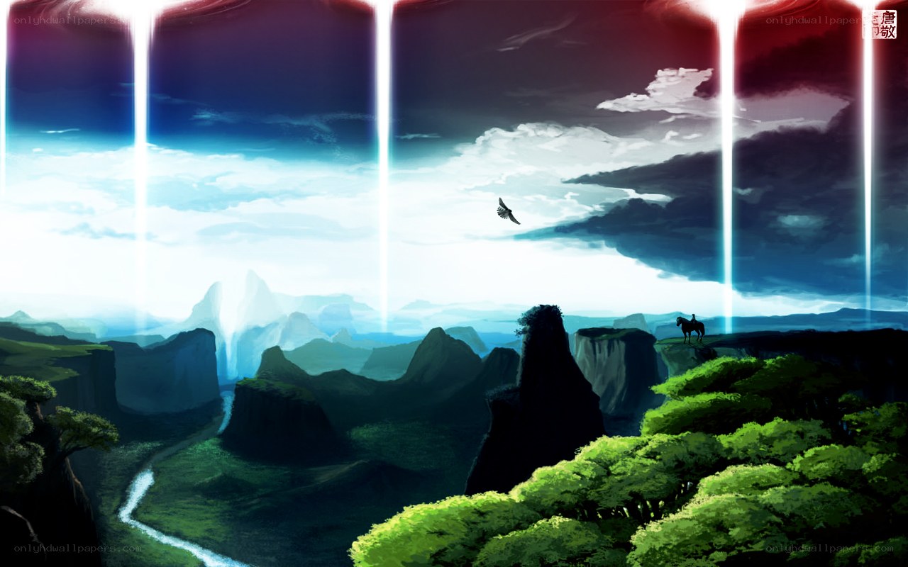 Mystical landscape with light beams