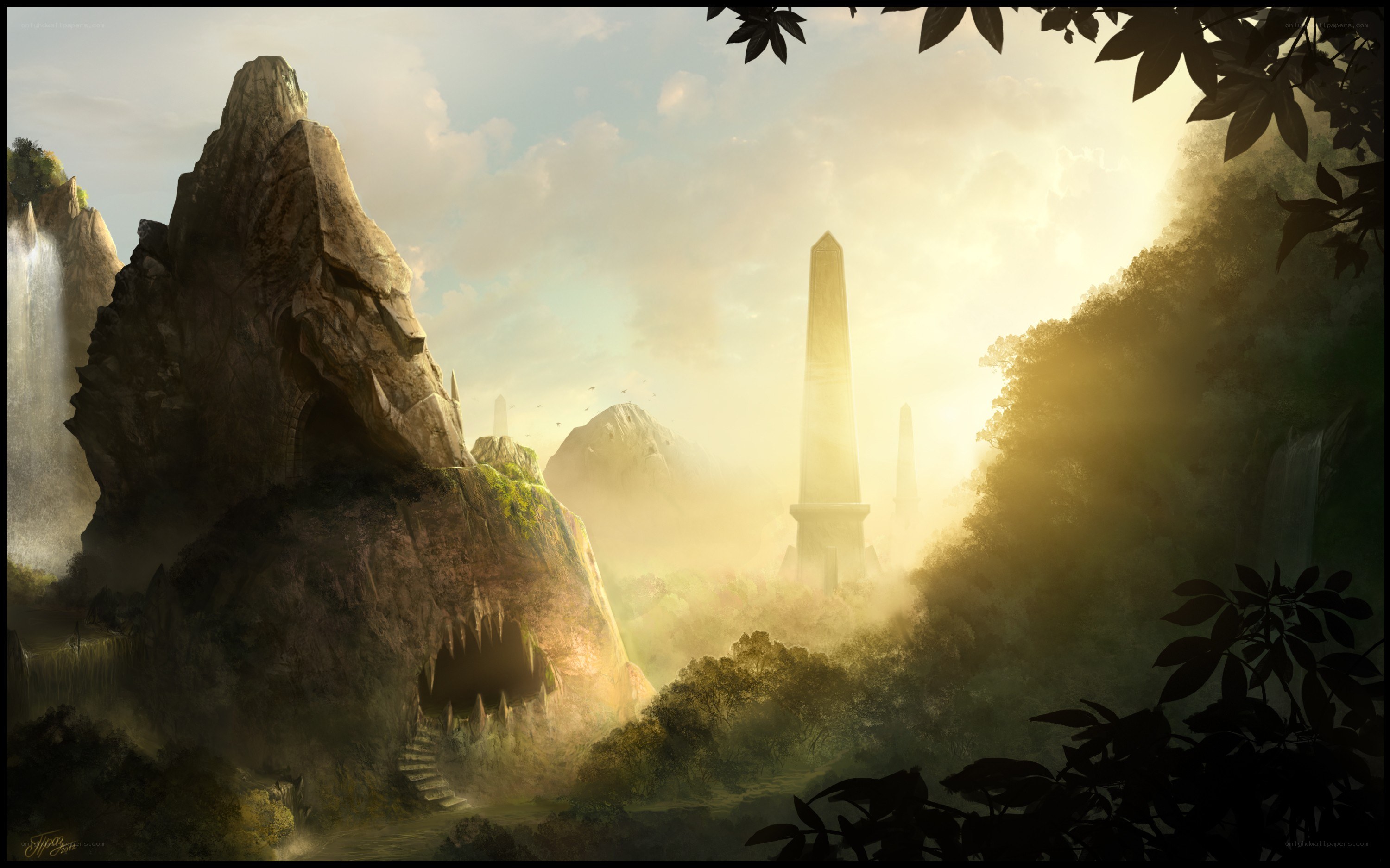 mystical landscape with obelisks