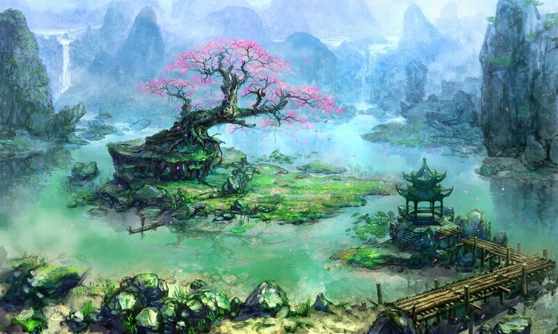 Mystical mountain lake landscape