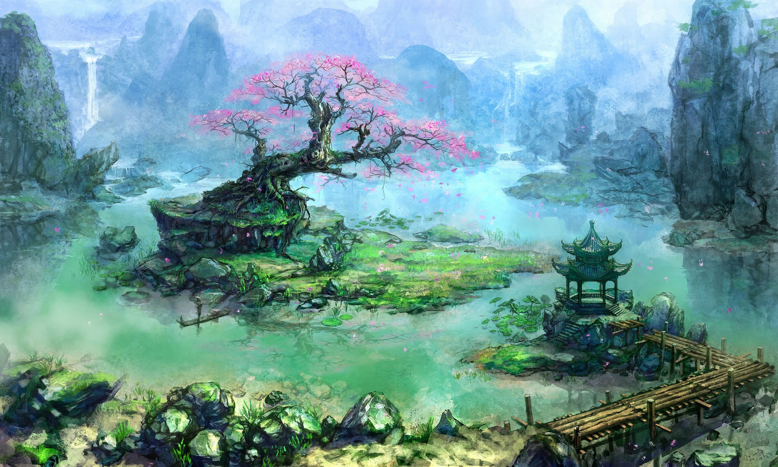 Mystical mountain lake landscape