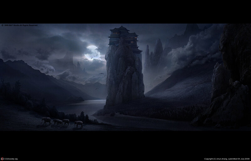 Mystical mountain temple at night