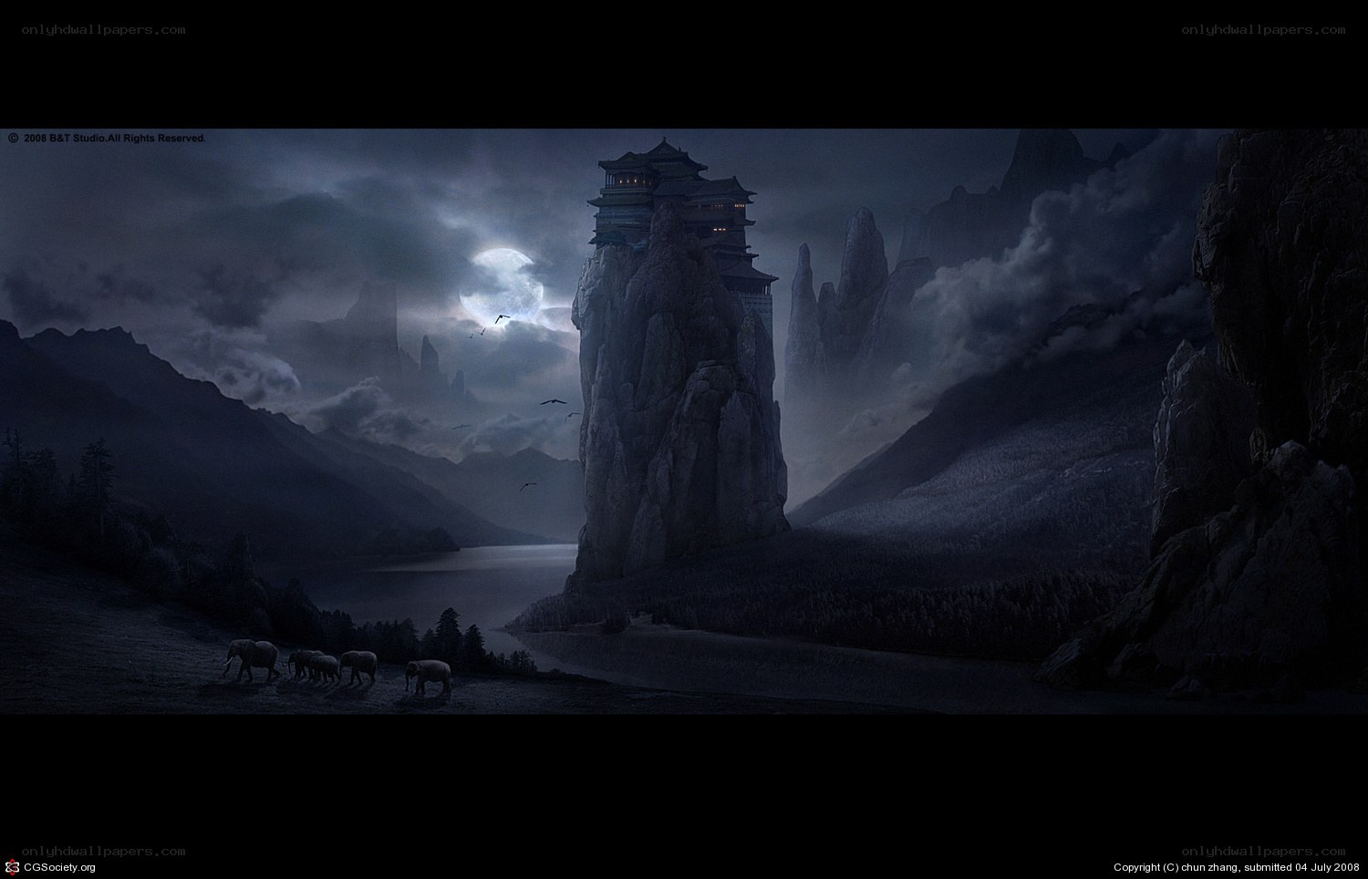 Mystical mountain temple at night