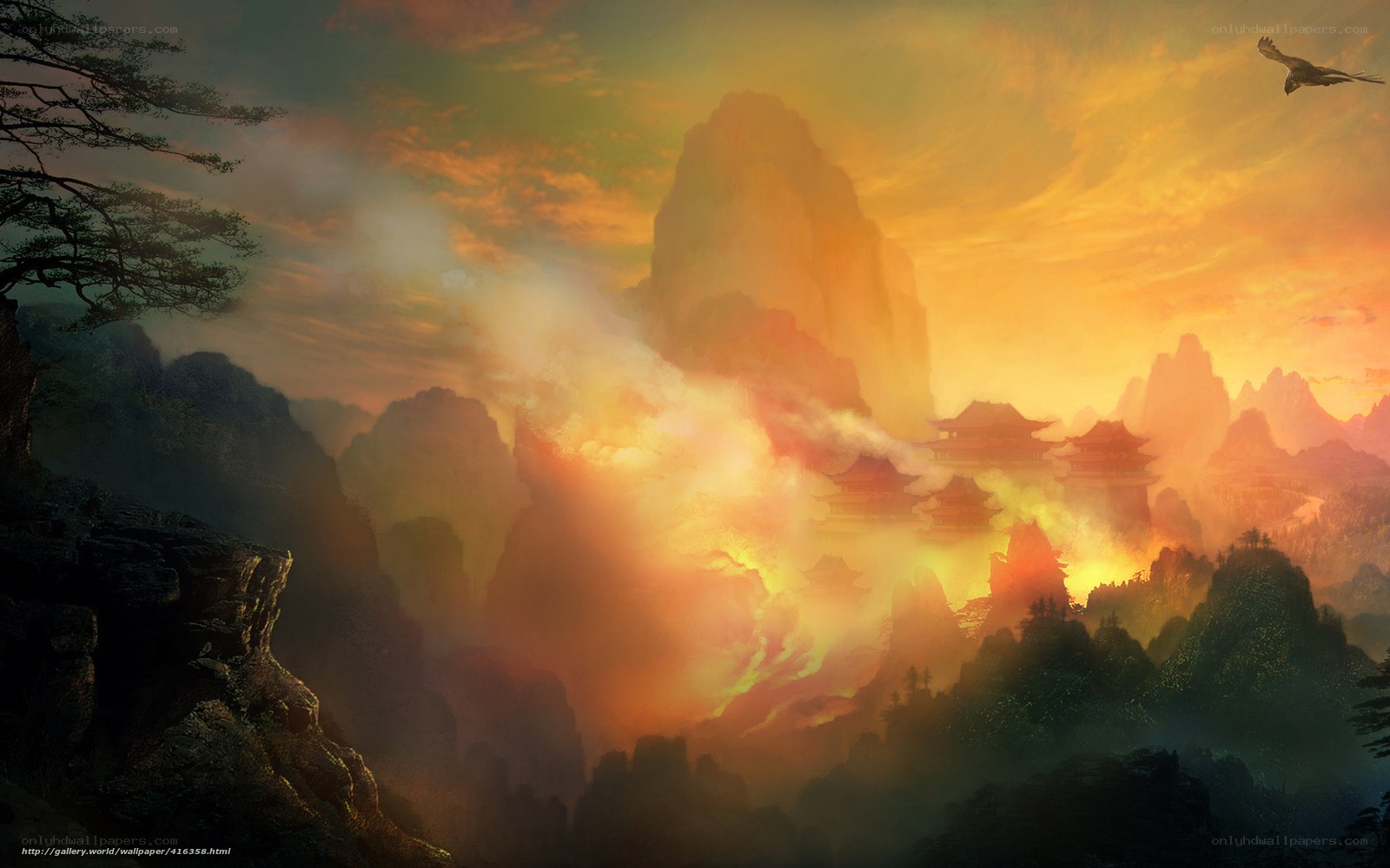Mystical mountain temple at sunset