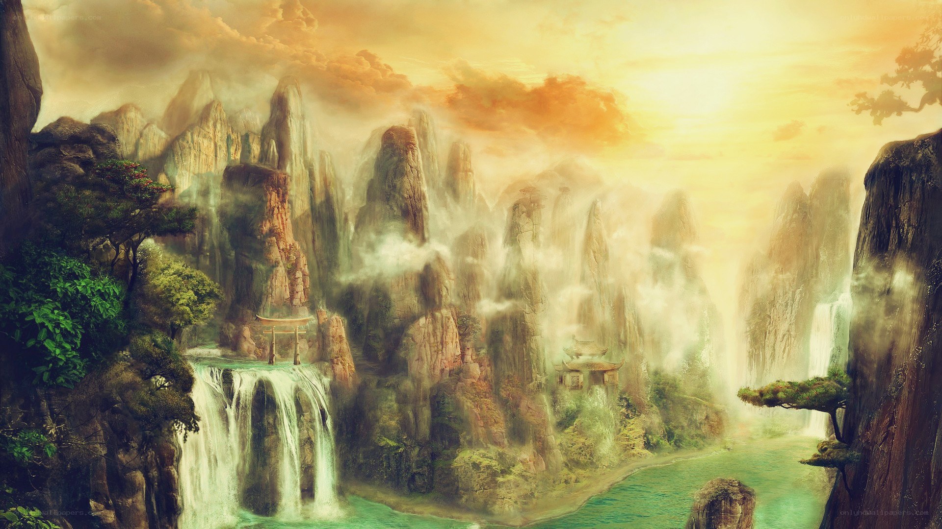 Mystical mountain waterfall landscape