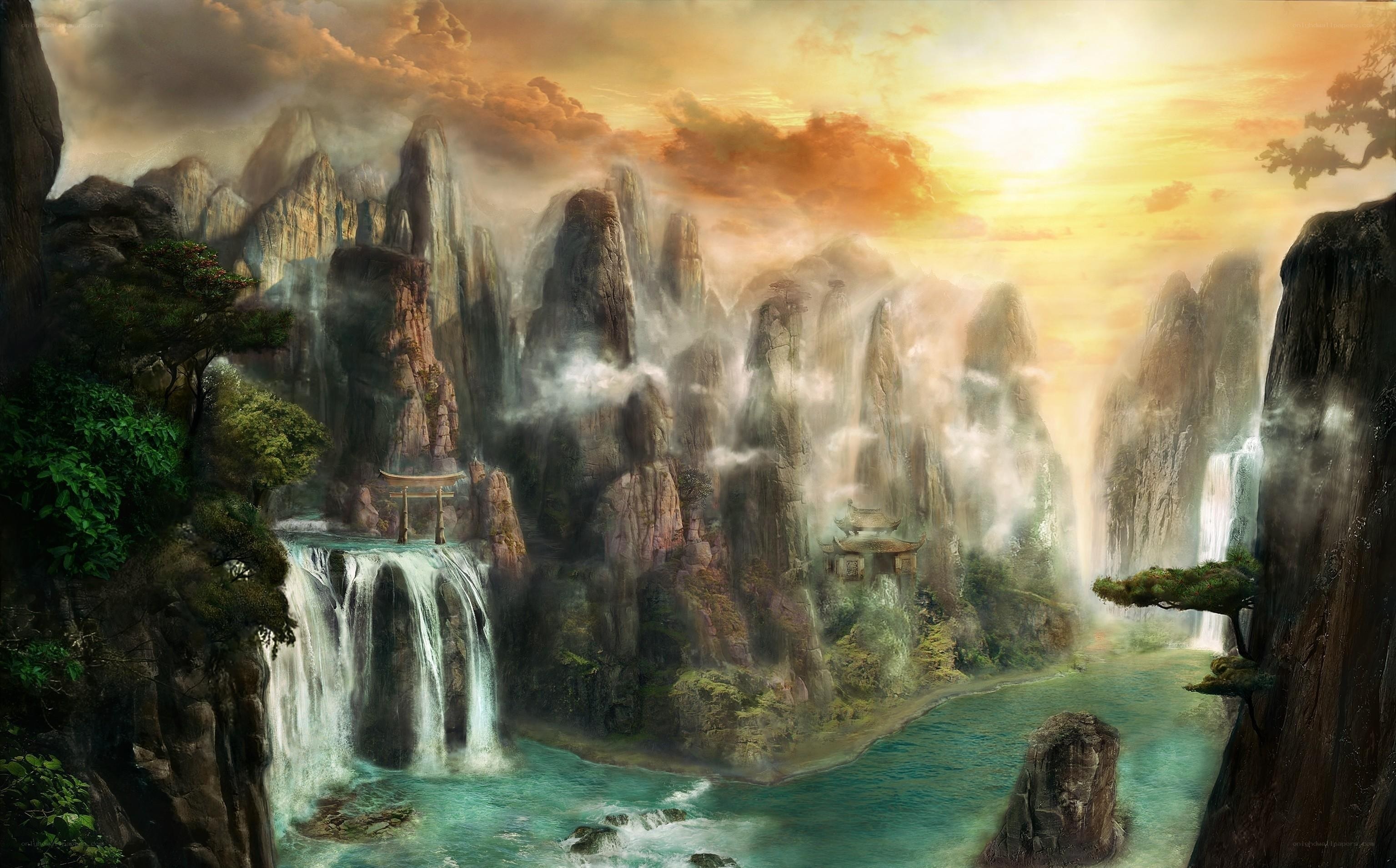 Mystical mountain waterfall landscape