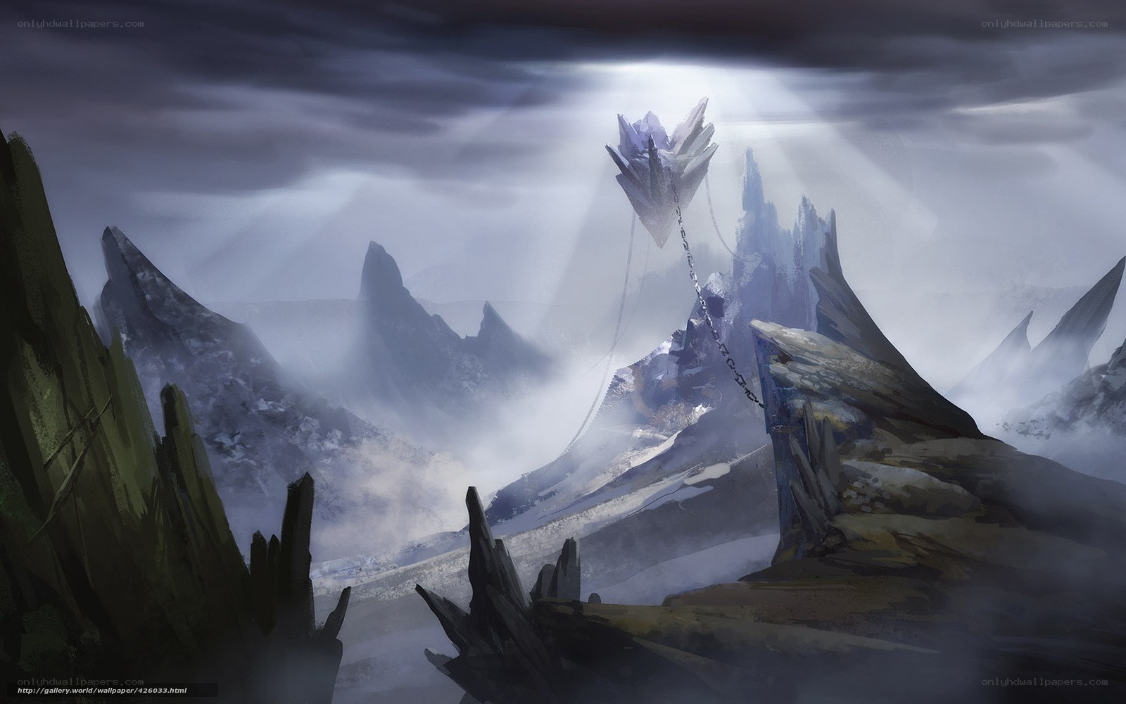 Mystical mountain with floating crystal