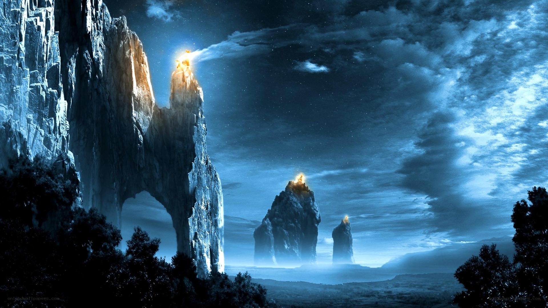 mystical rock formations at night