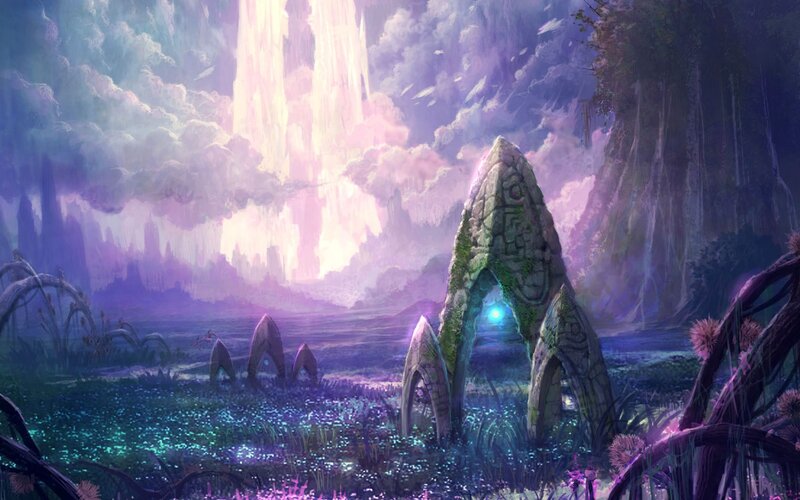 mystical stone arches in a dreamy landscape