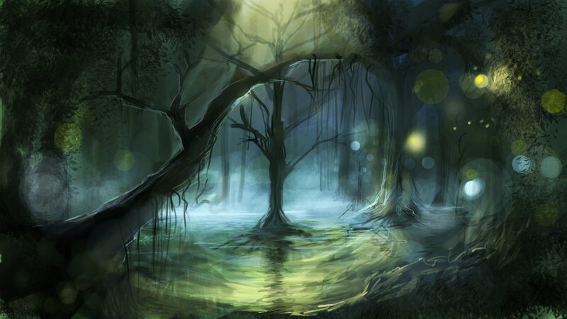 mystical swamp at night