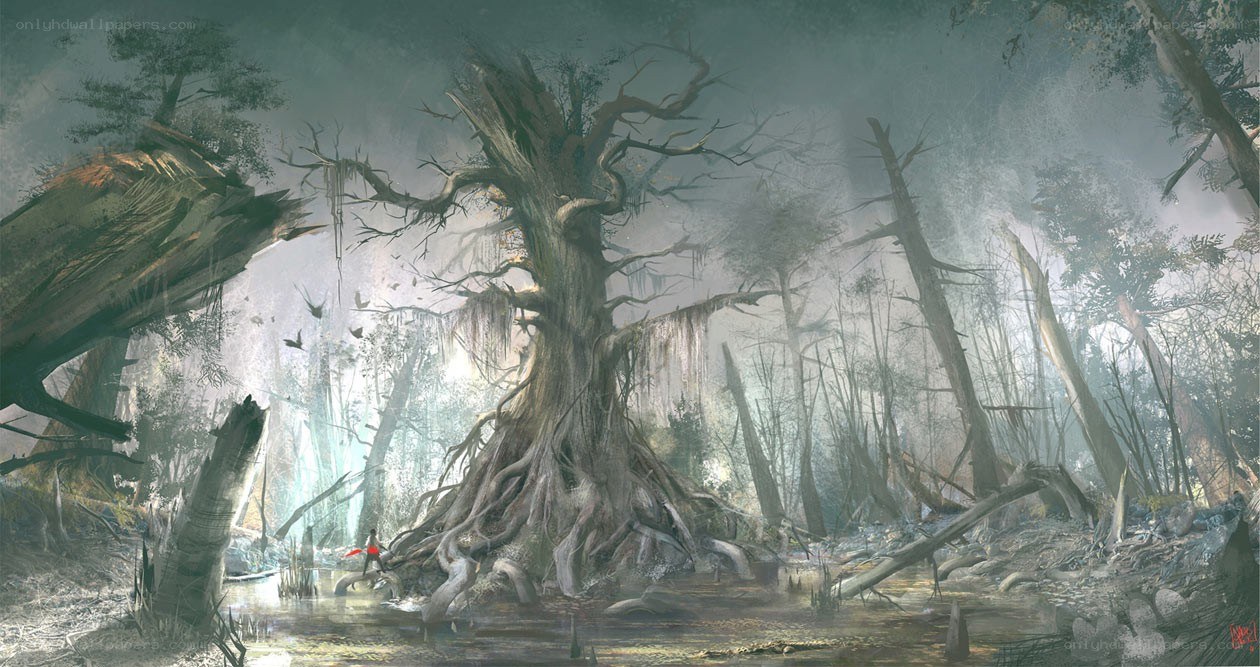 Mystical swamp with ancient tree