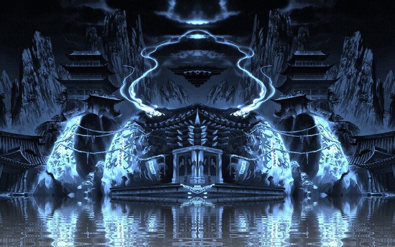 mystical temple at night