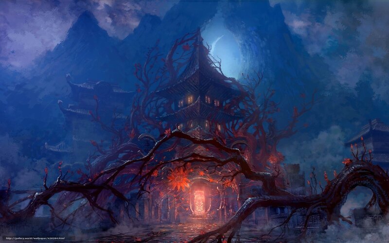 Mystical temple at night
