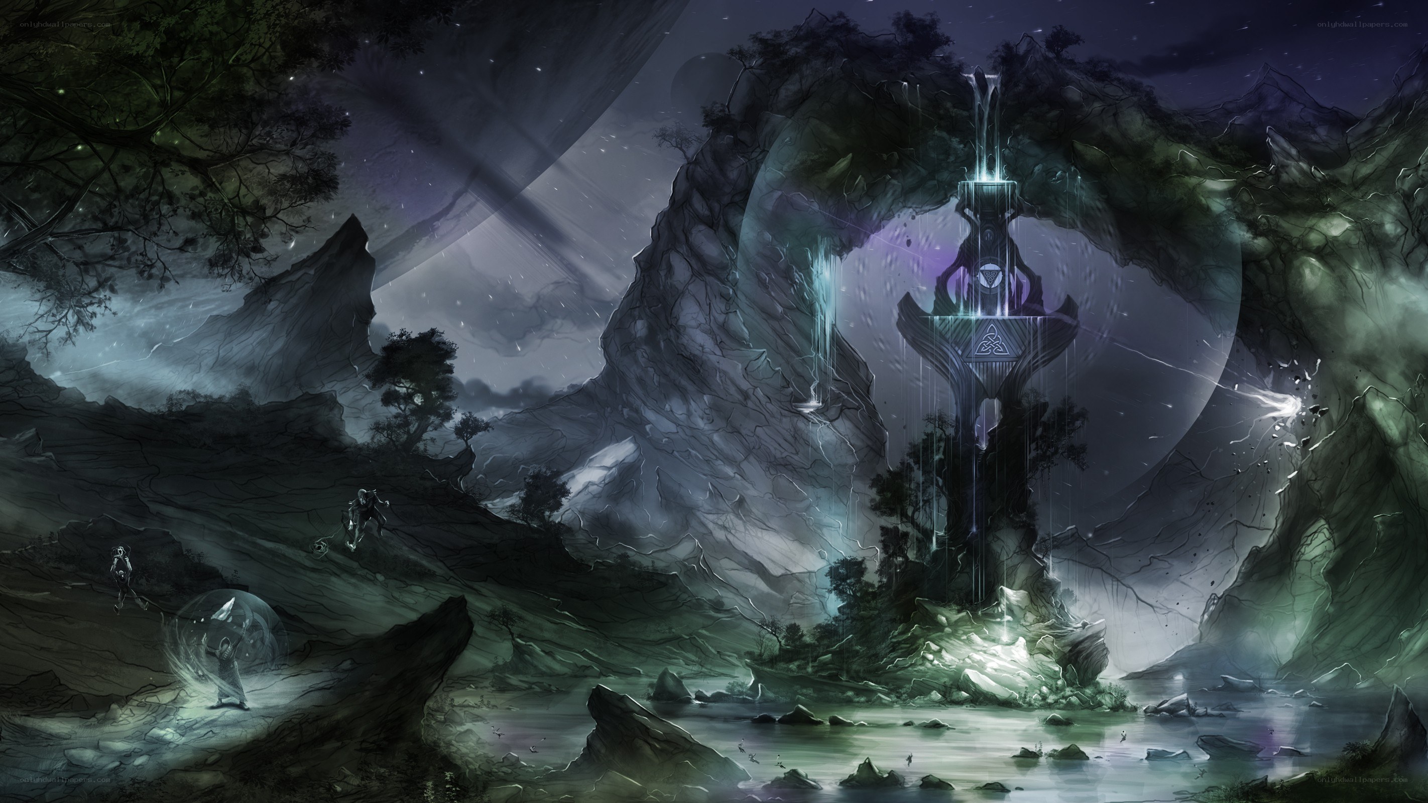 mystical temple in a dark forest