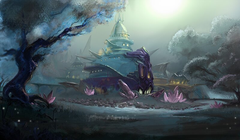 mystical temple in a foggy forest