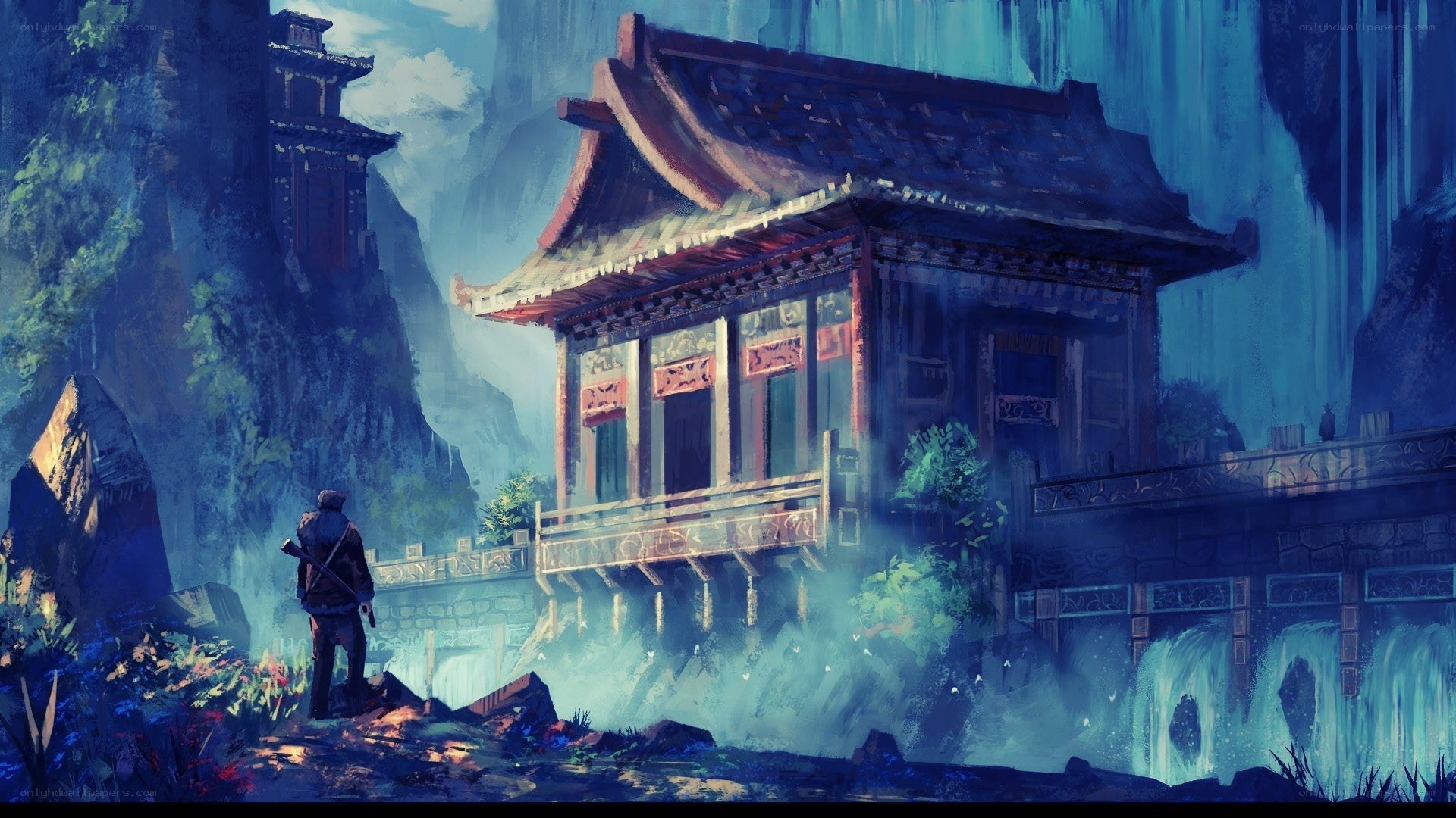 mystical temple in mountain valley